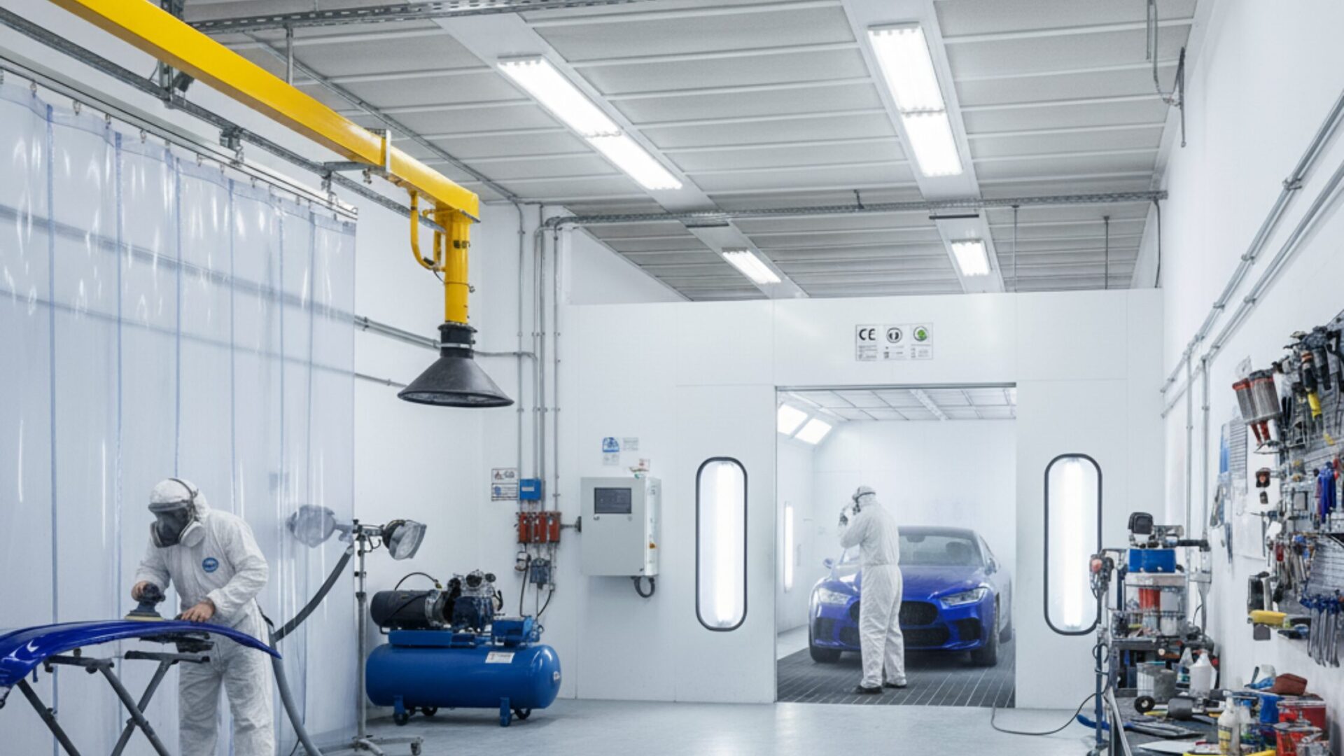 Taller de chapa y pintura profesional con cabina de pintura y zona de preparación. Un operario lija una pieza mientras otro prepara un coche dentro de la cabina.