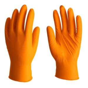 Guante de nitrilo desechable naranja con acabado grip diamantado.