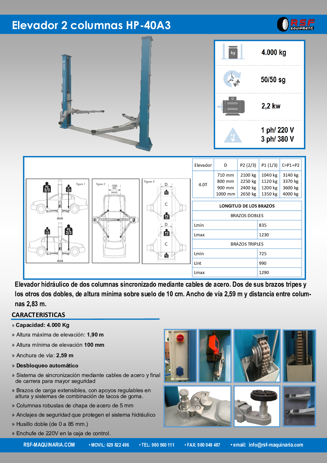 Elevador hidráulico 2 columnas HP-40A3 – Capacidad 4.000 Kg | RSF