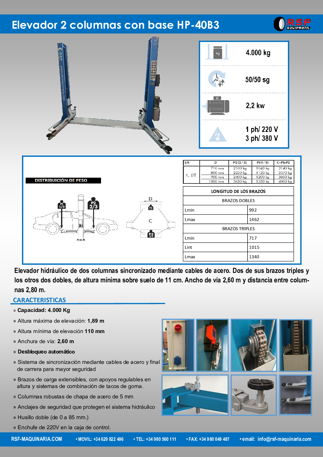 Elevador hidráulico 2 columnas HP-40B3 – Capacidad 4.000 Kg | RSF