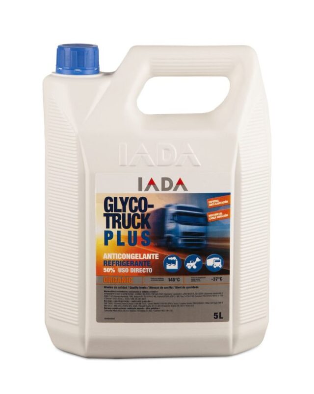 GLYCO-TRUCK PLUS ORGANIC 50% Garrafa de 5 litros de anticongelante orgánico al 50% de color amarillo, modelo Glyco-Truck Plus de IADA.