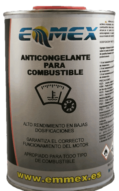 Envase de 1 litro del Anticongelante para Combustible EMMEX, formulado para proteger el diésel y el fueloil contra la cristalización de parafinas a bajas temperaturas.
