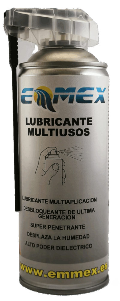 Envase de 400ml del Lubricante Multiusos EMMEX, un aerosol super penetrante y desbloqueante de última generación con tratamiento antifricción, que desplaza la humedad y tiene alto poder dieléctrico