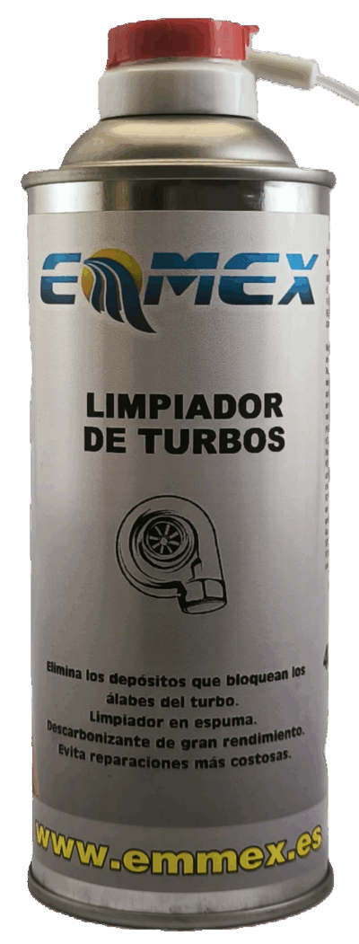 Envase de 400ml del Limpiador de Turbos EMMEX, un aerosol en espuma descarbonizante de gran rendimiento, formulado para la limpieza intensiva de turbocompresores, especialmente los de geometría variable, tanto en motores diésel como gasolina.
