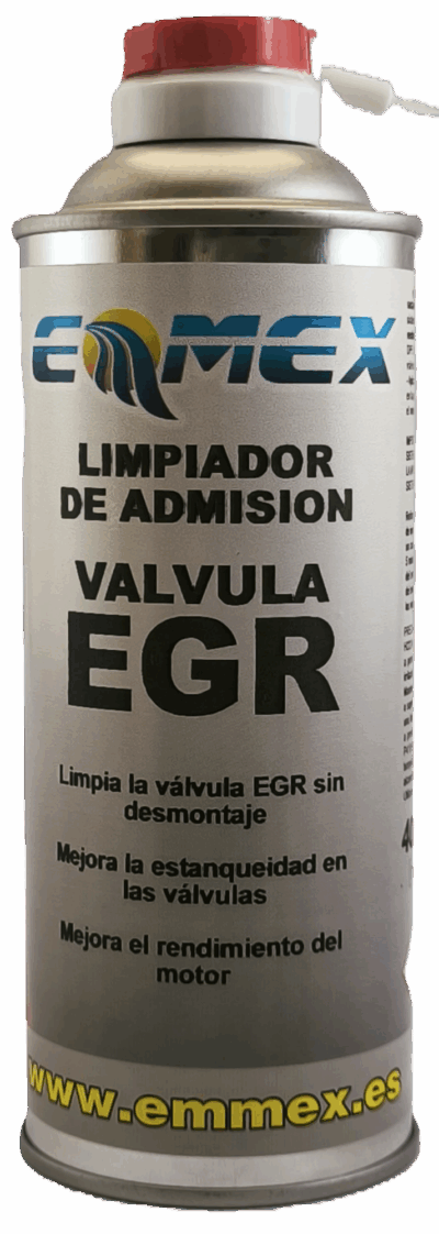 Envase de 400ml del Limpiador de Admisión y Válvula EGR EMMEX, un aerosol profesional formulado para disolver y eliminar los depósitos de carbonilla y hollín en sistemas de admisión diésel sin necesidad de desmontaje.