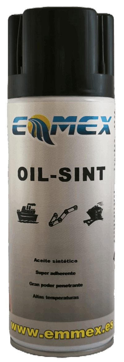 Envase de 400ml del Oil-Sint Lubricante Sintético profesional Emmex, un aerosol de alto rendimiento con P.T.F.E., super adherente, penetrante, y resistente a altas temperaturas y al agua.