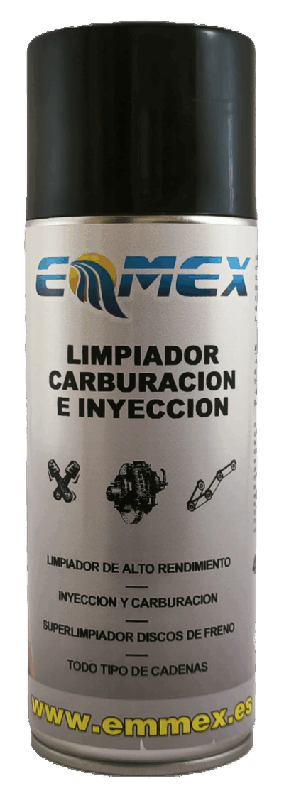 Envase de 400ml del Limpiador de Carburación e Inyección EMMEX, un aerosol multiusos de alto rendimiento para limpiar también discos de freno y cadenas.