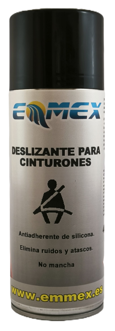 Envase de 400ml del Deslizante para Cinturones EMMEX, un spray antiadherente de silicona para eliminar ruidos y atascos en cinturones, guías y plásticos.