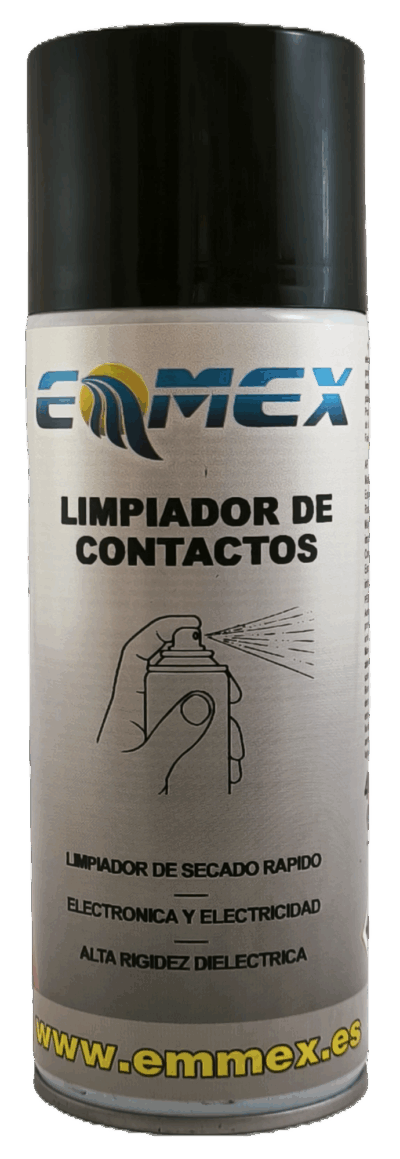 Envase de 400ml del Limpiador de Contactos EMMEX, un aerosol de secado rápido, sin residuos y con alta rigidez dieléctrica, formulado para la limpieza y protección de circuitos eléctricos y electrónicos.