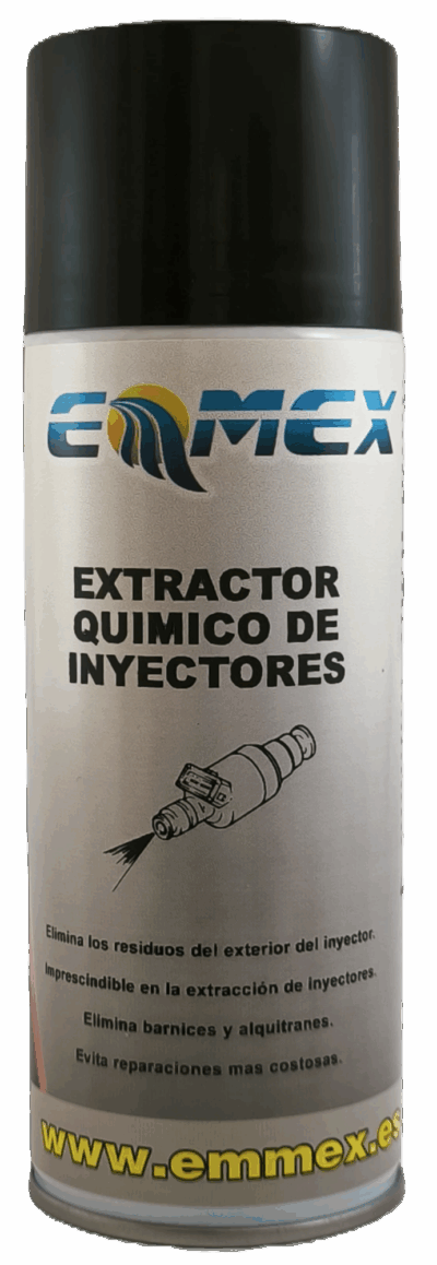 Envase de 400ml del Extractor Químico de Inyectores EMMEX, formulado para disolver y reblandecer los depósitos alrededor de los inyectores diésel y facilitar su desmontaje.