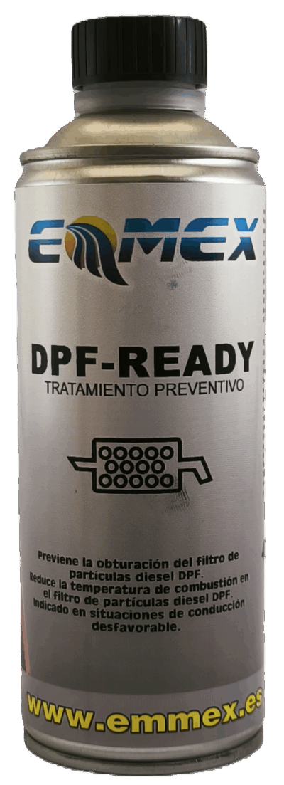 Envase de 400ml del DPF-Ready Tratamiento Preventivo EMMEX, formulado para regenerar y prevenir la obturación del filtro de partículas diésel (DPF/FAP).