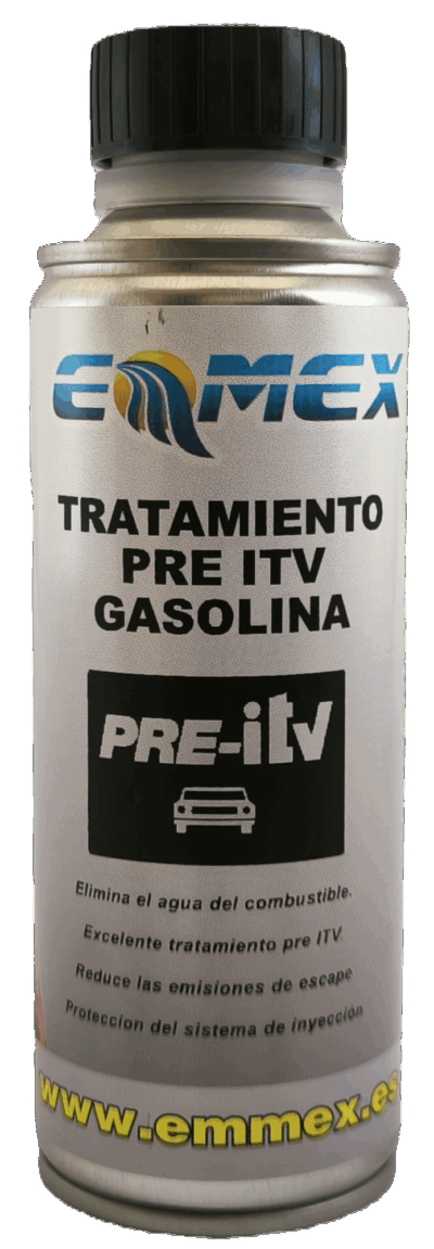 Envase de 250ml del Tratamiento Pre ITV Gasolina EMMEX, un aditivo de última generación para limpiar el sistema de inyección, eliminar agua, reducir emisiones y mejorar el rendimiento de motores de gasolina.