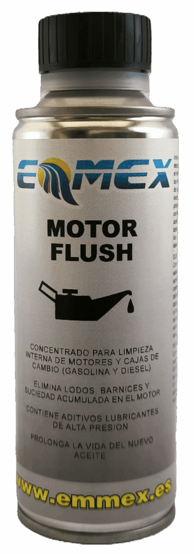 Envase de 250ml del Motor Flush EMMEX, un aditivo concentrado para la limpieza interna profunda de motores y cajas de cambio (gasolina y diésel), formulado para eliminar lodos y barnices.