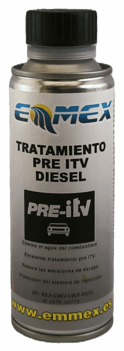 Envase de 250ml del Tratamiento Pre ITV Diésel EMMEX, un aditivo de última generación para limpiar el sistema de inyección, eliminar agua, reducir emisiones y mejorar el rendimiento de motores diésel.