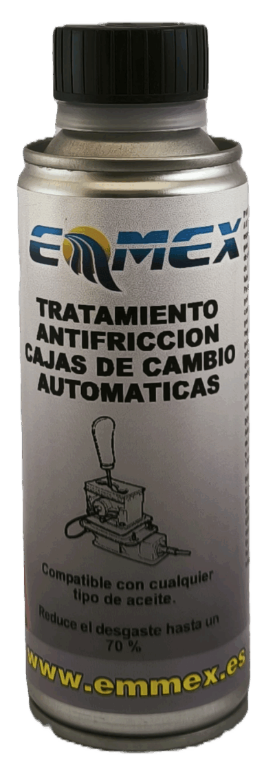 Envase de 250ml del Tratamiento Antifricción EMMEX para cajas de cambio automáticas y otras transmisiones, formulado para reducir el desgaste hasta en un 70% y mejorar la lubricación.