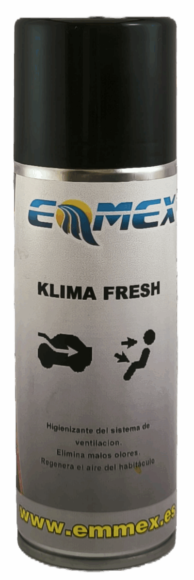 Envase de 250ml de Klima Fresh EMMEX, higienizante para el sistema de ventilación y aire acondicionado de vehículos, elimina malos olores y previene bacterias