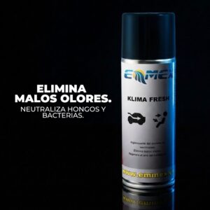 Envase de 250ml de Klima Fresh EMMEX, higienizante para el sistema de ventilación y aire acondicionado de vehículos, elimina malos olores y previene bacterias