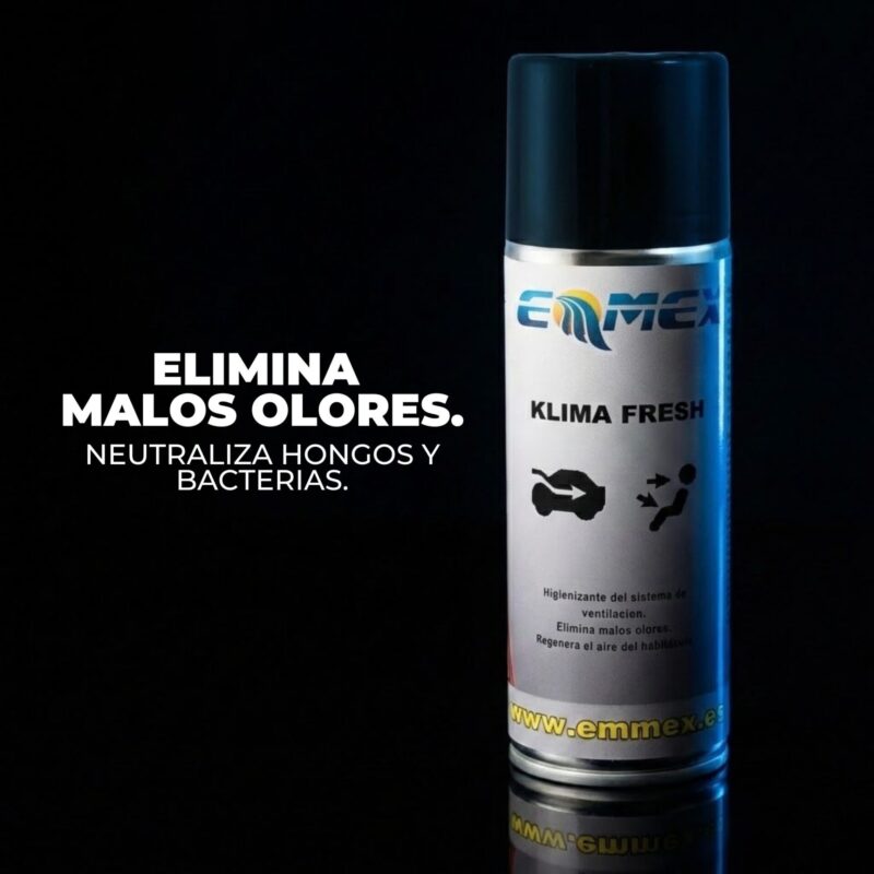 klima-fresh-higienizante-sistema-ventilacion-aire-acondicionado-coche-emmex-250ml Envase de 250ml de Klima Fresh EMMEX, higienizante para el sistema de ventilación y aire acondicionado de vehículos, elimina malos olores y previene bacterias