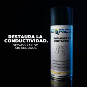 Envase de 400ml del Limpiador de Contactos EMMEX, un aerosol de secado rápido, sin residuos y con alta rigidez dieléctrica, formulado para la limpieza y protección de circuitos eléctricos y electrónicos.