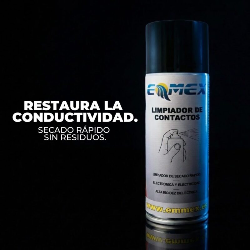 limpiador-de-contactos-electricos-y-electronicos-emmex-400ml-aerosol-de-secado-rapido-sin-residuos-alta-rigidez-dielectrica Envase de 400ml del Limpiador de Contactos EMMEX, un aerosol de secado rápido, sin residuos y con alta rigidez dieléctrica, formulado para la limpieza y protección de circuitos eléctricos y electrónicos.