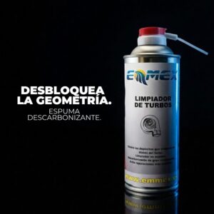 Envase de 400ml del Limpiador de Turbos EMMEX, un aerosol en espuma descarbonizante de gran rendimiento, formulado para la limpieza intensiva de turbocompresores, especialmente los de geometría variable, tanto en motores diésel como gasolina.