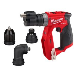 Taladro atornillador multicabezal de montador M12 FUEL™ Milwaukee M12 FDDXKIT-0X con sus 4 cabezales intercambiables.