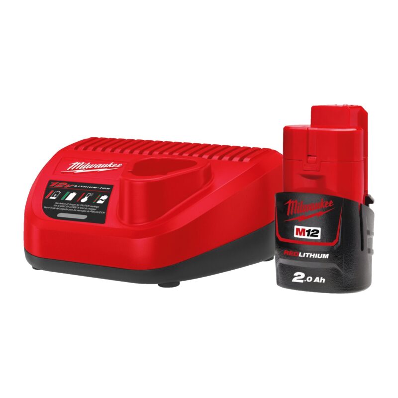 Pack NRG M12™ 2.0Ah de Milwaukee (M12 NRG-201) mostrando la batería M12 B2 y el cargador C12 C
