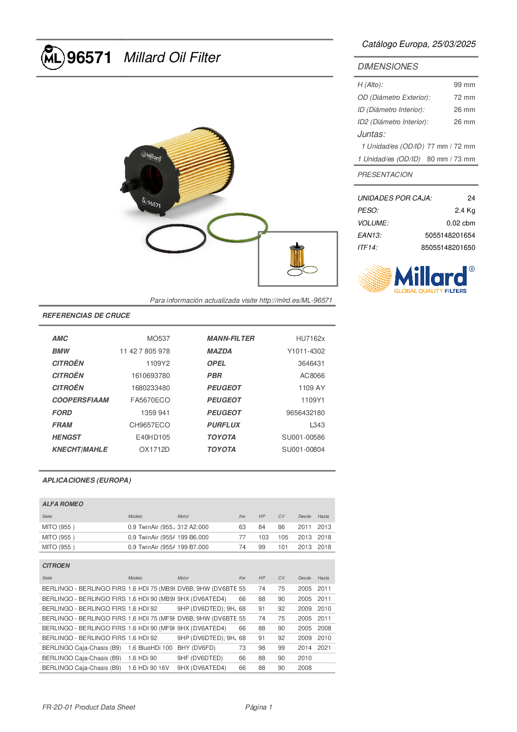 Filtro de Aceite ML-96571 | Millard filters