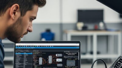 Un técnico de taller utilizando un equipo de diagnosis remoto y Pass-Thru para diagnosticar un vehículo.