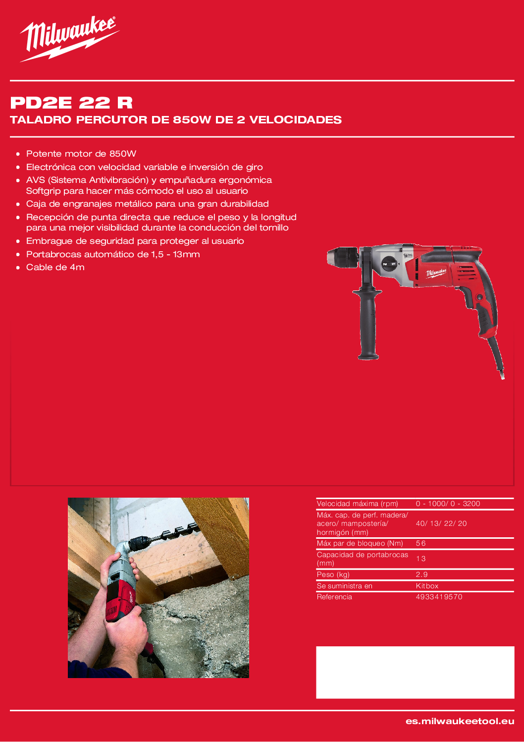 Taladro percutor Milwaukee PD2E 22 R – 850W, 2 velocidades