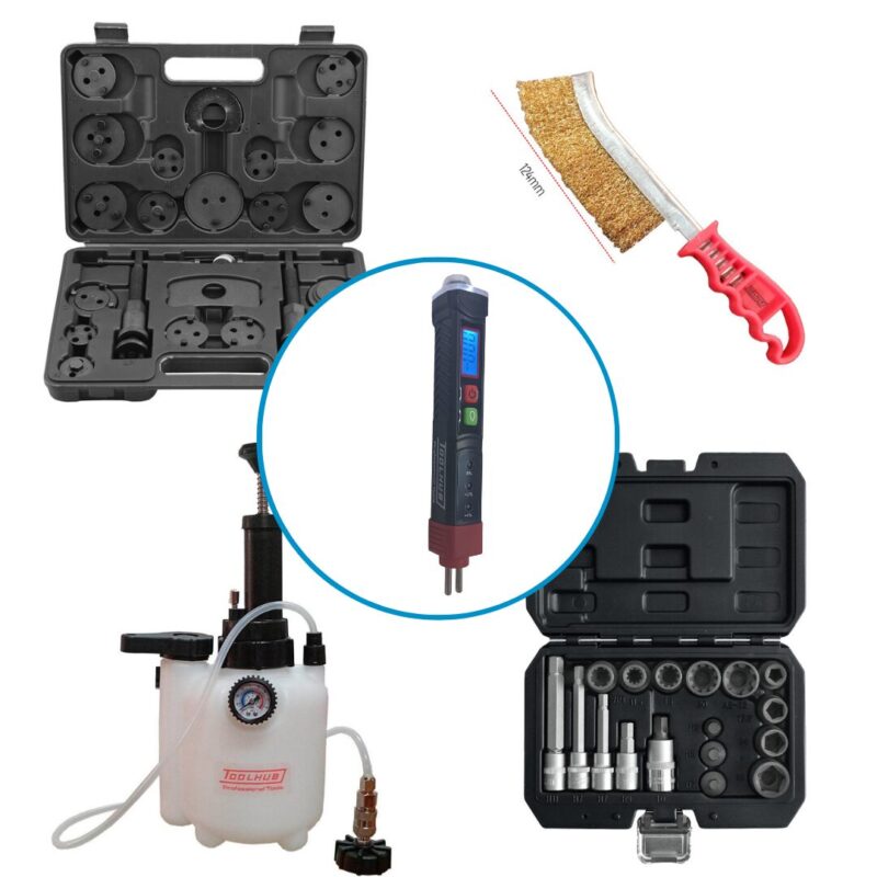 Pack Profesional para Mantenimiento de Frenos de toolhub con retractor de pistones, sangrador, cepillo de alambre y comprobador 2 en 1.