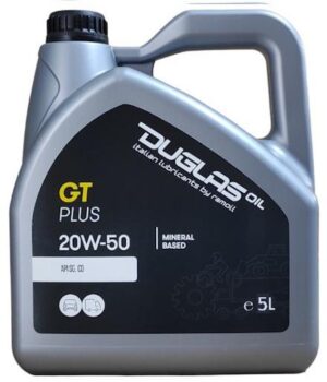 Garrafa de 5 litros de aceite de motor mineral Duglas Oil GT PLUS 20W-50, especial para coches clásicos.