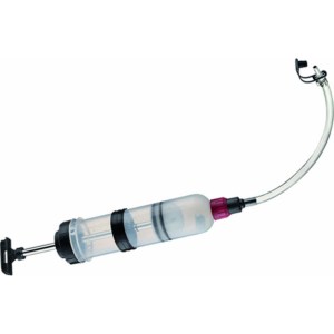Jeringa manual transparente de 1,5 litros Rogen para aspiración e introducción de aceite y líquidos de automoción con tubo flexible.