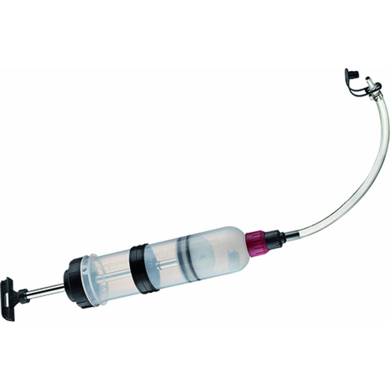 Jeringa manual transparente de 1,5 litros Rogen para aspiración e introducción de aceite y líquidos de automoción con tubo flexible.