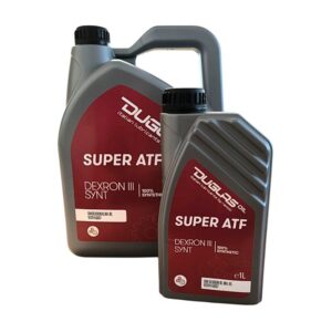 Garrafa de 5 litros y botella de 1 litro de aceite ATF sintético DEXRON III de Duglas Oil.