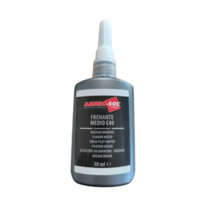 Botella de 50ml del fijador de roscas de fuerza media C40 de color azul, marca Ambro-Sol.