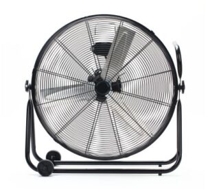 Ventilador de suelo industrial de 600 mm Metalworks con ruedas y estructura metálica.