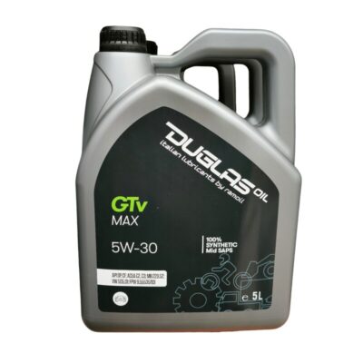 Garrafa de 5 litros de aceite de motor 100% sintético Duglas GTv MAX 5W-30 C3, con múltiples homologaciones.