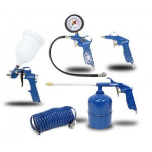 Kit de 5 herramientas neumáticas Hyundai (55901) que incluye pistola de pintar, inflador, sopladora, petroleadora y manguera.