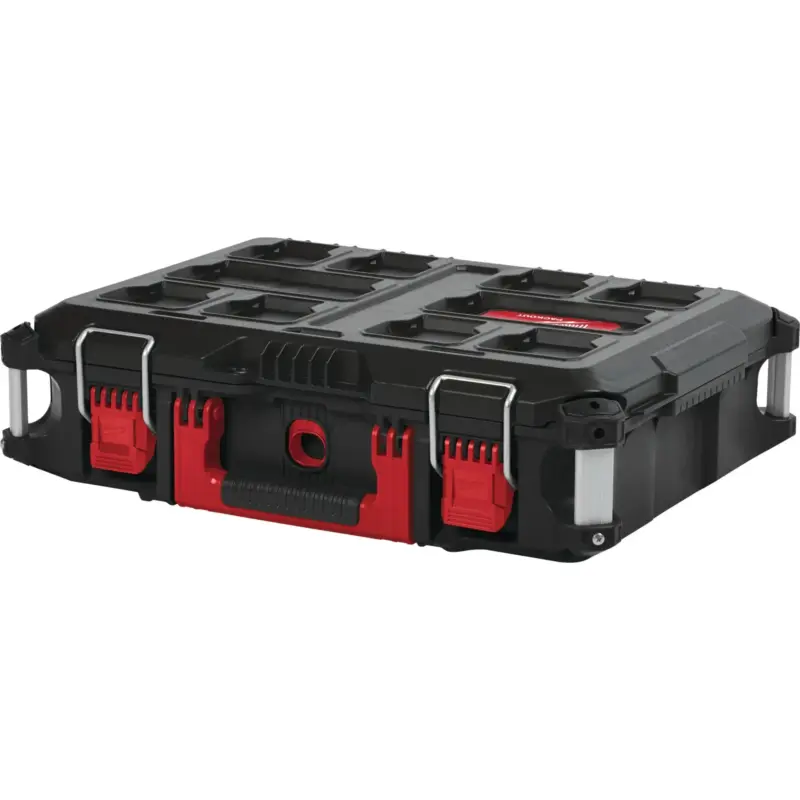 Caja de herramientas estándar de perfil bajo Milwaukee PACKOUT Box con cierres de presión frontales y esquinas reforzadas.