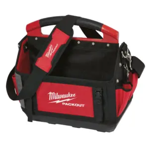 Bolsa portaherramientas tipo Tote Milwaukee PACKOUT de 40 cm con base rígida moldeada, 31 bolsillos y asa ergonómica.