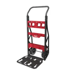 Carro de herramientas industrial de 2 ruedas Milwaukee PACKOUT de alta resistencia con bandeja inferior plegable y perfiles de acero.