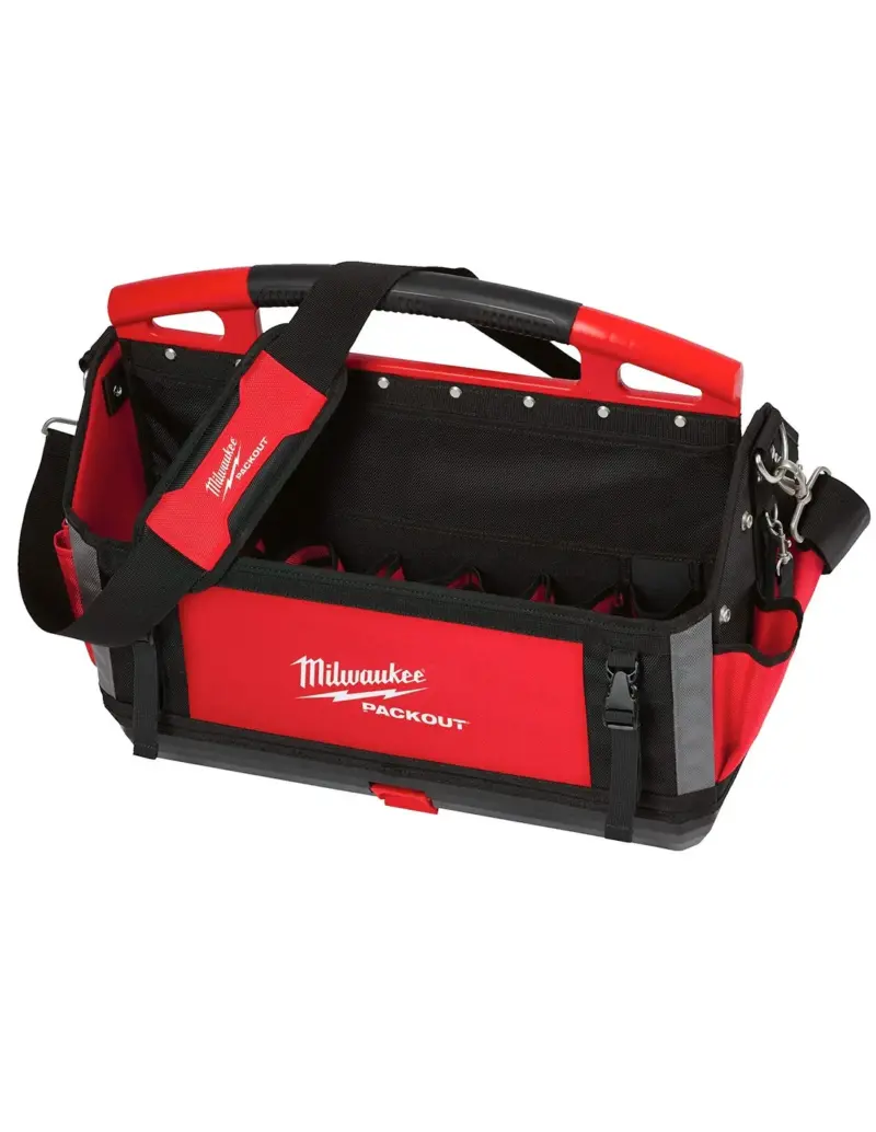 Bolsa portaherramientas tipo Tote Milwaukee PACKOUT de 50 cm con base rígida moldeada, 32 bolsillos y asa ergonómica.