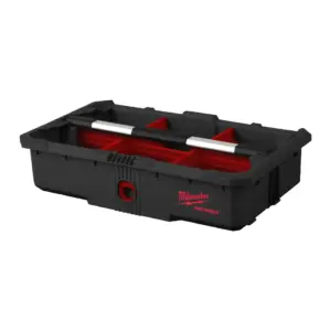 Bandeja de herramientas negra y roja Milwaukee PACKOUT con divisores ajustables.
