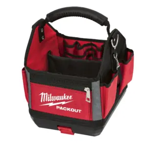 Bolsa portaherramientas abierta Milwaukee PACKOUT de 25cm con base rígida y empuñadura moldeada.