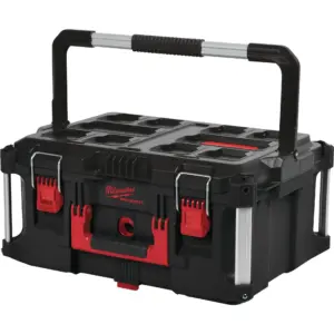 Caja de herramientas grande y estanca Milwaukee PACKOUT Large Box con asa metálica superior plegable y cierres de presión.
