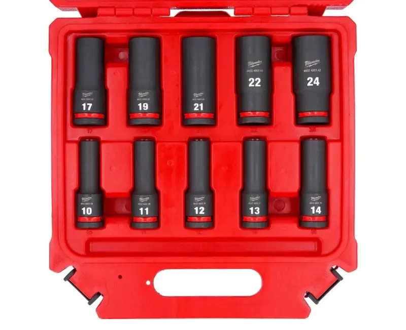 juego-vasos-impacto-largos-1-2-milwaukee-10-piezas-4932480457 Juego de 10 vasos de impacto largos Milwaukee de 1/2 pulgada en su maletín.