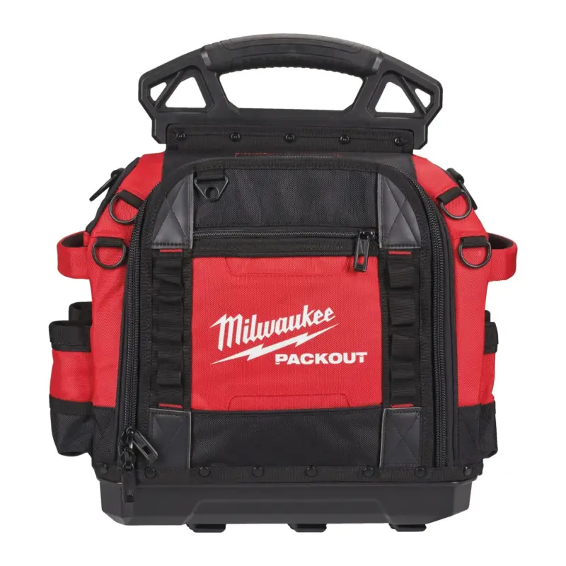 Bolsa portaherramientas cerrada Milwaukee PACKOUT de 38cm con base rígida y correa ergonómica.