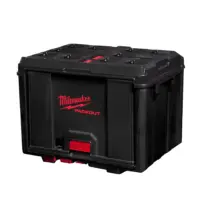 Armario para herramientas Milwaukee PACKOUT Cabinet de color rojo corporativo con puerta frontal corredera y chasis resistente a impactos.