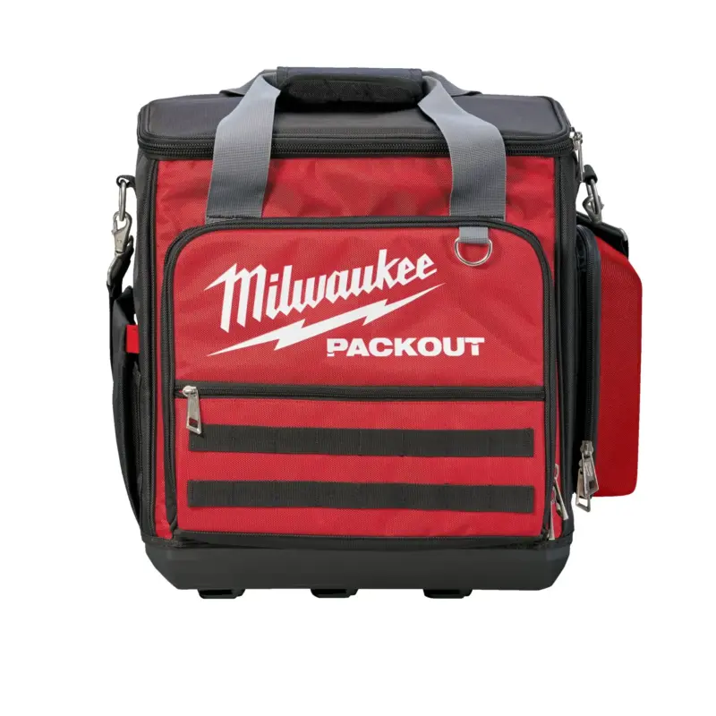 Bolsa técnica roja y negra Milwaukee PACKOUT con compartimento para ordenador y 58 bolsillos.